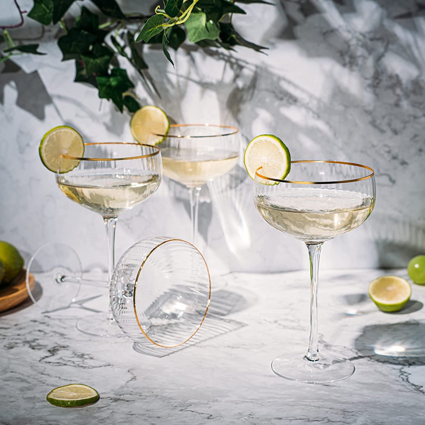 Coupe Cocktail Glasses 7 oz, Set of 4 Classic Manhattan Glasses For Cocktails, Libbey Champagne Coupe, Classic Coupe Glasses with Gold Rim, Crystal with Stems Wine Savant