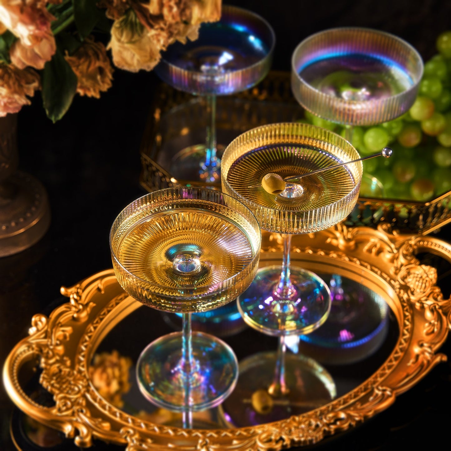 Ribbed Coupe Cocktail Glasses 8 oz | Set of 4 | Classic Manhattan Glasses For Cocktails, Champagne Coupe, Ripple Coupe Glasses, Art Deco Gatsby Vintage, Crystal with Stems (Iridescent)