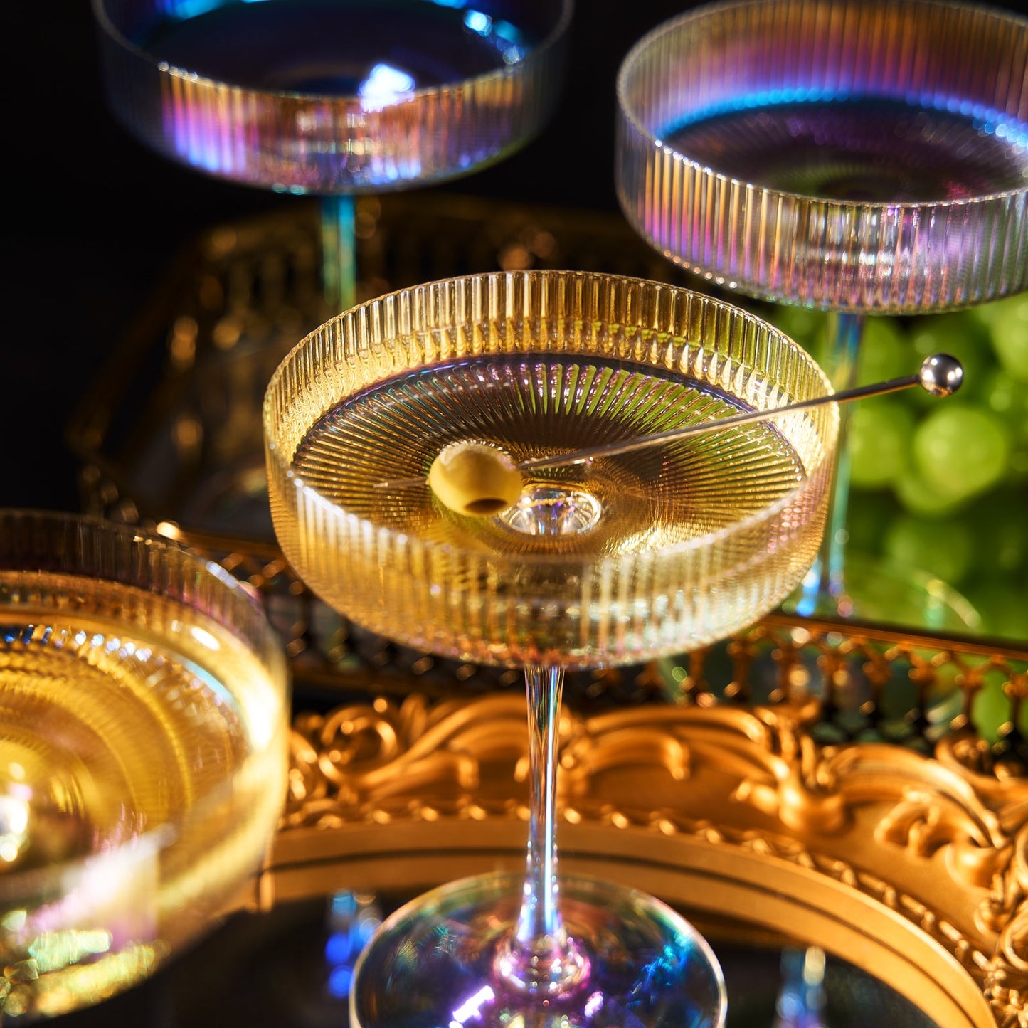 Ribbed Coupe Cocktail Glasses 8 oz | Set of 4 | Classic Manhattan Glasses For Cocktails, Champagne Coupe, Ripple Coupe Glasses, Art Deco Gatsby Vintage, Crystal with Stems (Iridescent)