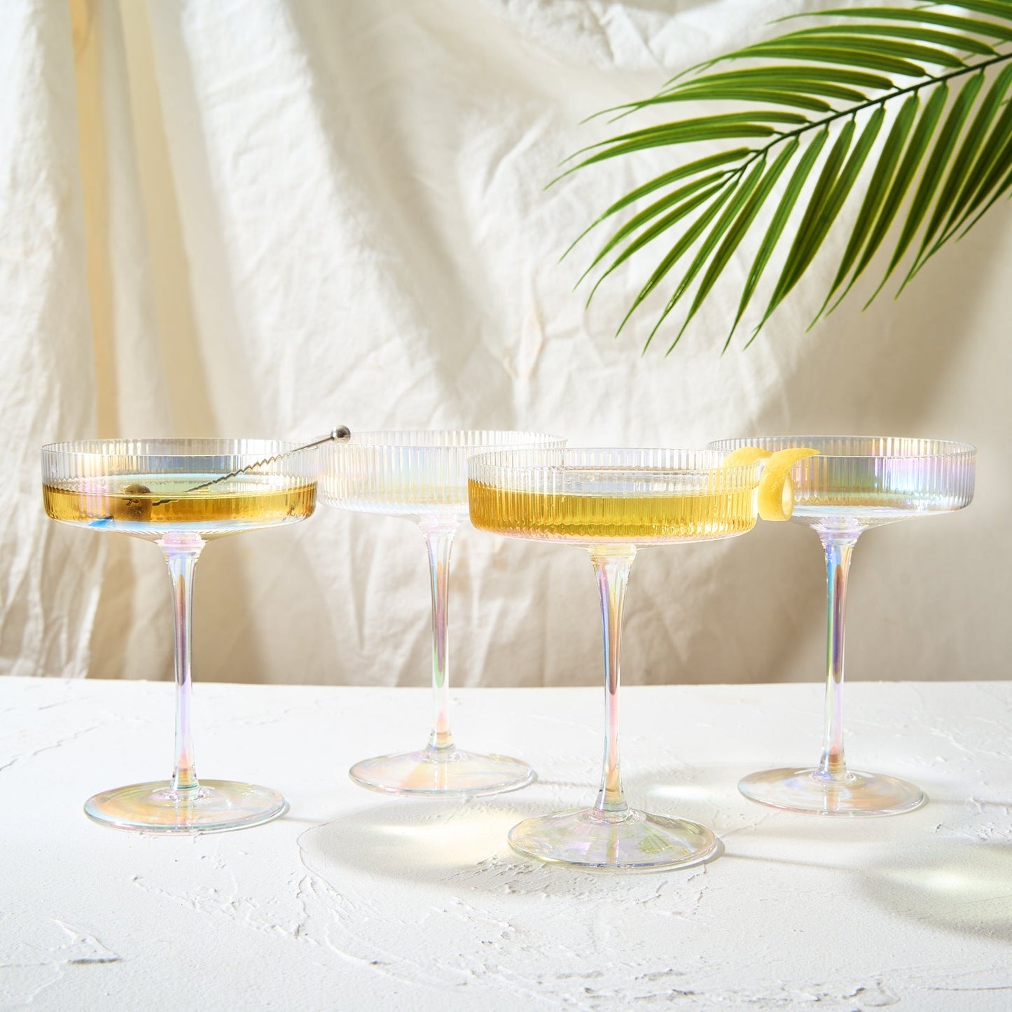 Ribbed Coupe Cocktail Glasses 8 oz | Set of 4 | Classic Manhattan Glasses For Cocktails, Champagne Coupe, Ripple Coupe Glasses, Art Deco Gatsby Vintage, Crystal with Stems (Iridescent)