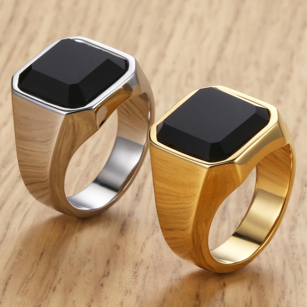 Black Carnelian CZ Gold Tone Ring for Men Boys 316L Stainless Steel Signet Rings Square Shape Royal Male Jewelry