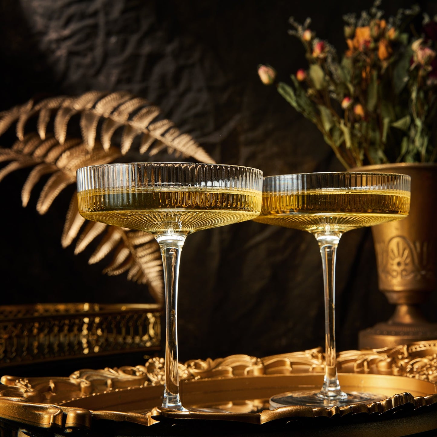 Vintage Art Deco Coupe Glasses Ribbed Coupe Cocktail Glasses 8 oz | Set of 2 | Crystal Cocktail Glassware for Champagne Classic Manhattan Goblet For Cocktails , Ripple Coupe Glassware - Gift Box