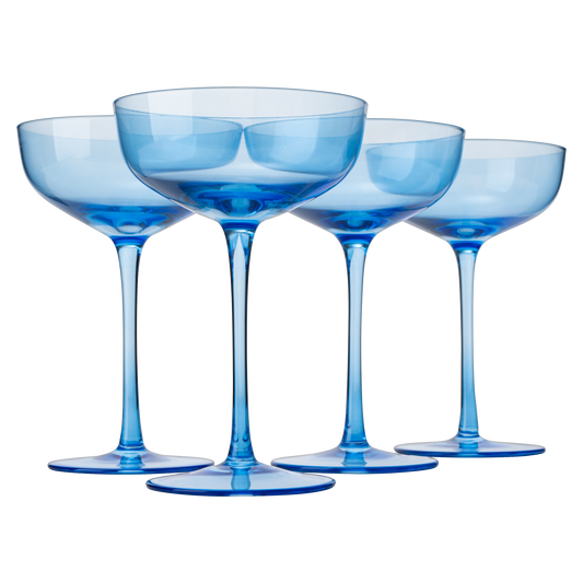 The Wine Savant Colored Coupe Glass | 7oz | Set of 4 Colorful Champagne & Cocktail Glasses, Fancy Manhattan, Crystal Martini, Cocktails Set, Margarita Bar Glassware Gift, Vintage (Blue)
