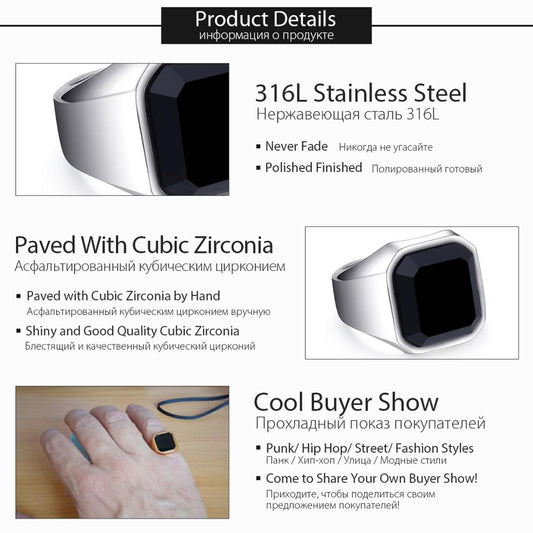 Black Carnelian CZ Gold Tone Ring for Men Boys 316L Stainless Steel Signet Rings Square Shape Royal Male Jewelry